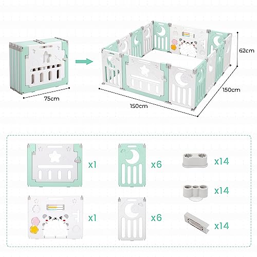 Baby Playpen, Dripex Baby Playard for Babies and Toddlers, 14-Panel Foldable Playpen Adjustable Portable Play Area, Indoor/Outdoor Kids Active Center with Game Panel & Safety Gate, Light Green White