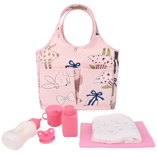 Bebamour 7 Pcs Baby Doll Diaper Bag Set Baby Doll Bottles and Doll Accessories Doll Feeding Set Including Diaper Bag,Changing Pad For 12-15 Inches Dolls(Rabbit)