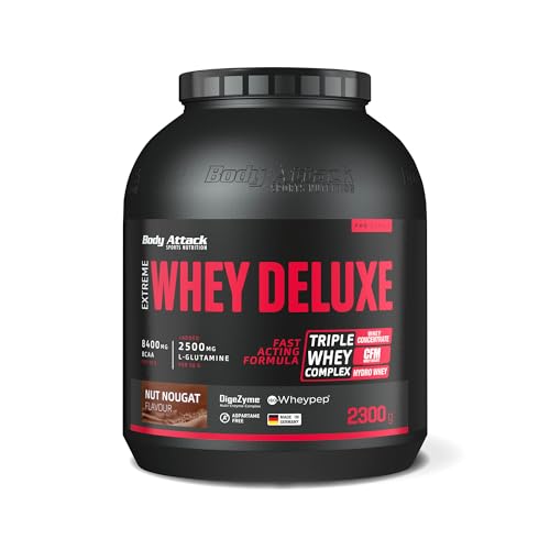 Body Attack Extreme Whey Deluxe - Nut Nougat, 2,3 kg - Made in Germany - Eiweißpulver mit Aminosäuren, Triple-Complex, CFM Whey Isolate, perfekt lösliches Protein-Pulver, fettarm, zuckerarm