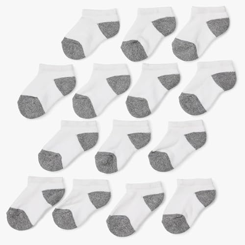 Amazon Essentials Unisex Toddlers' Cotton Low Cut Ankle Socks, 14 Pairs, White/Grey Heather Heel, 4T-5T