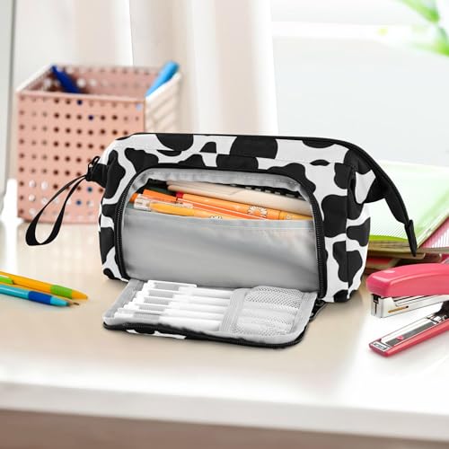 Image of Fisyme White Black Cow Print Pencil Case Large Capacity Pencil Pouch Pen Bags Box Big Makeup Pencil Case Organizer