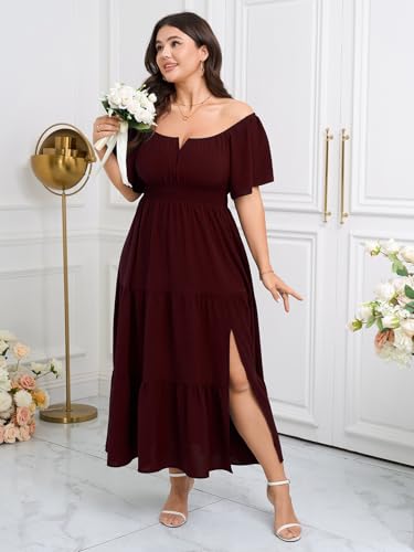 SCOMCHIC Womens Plus Size Maxi Dress Formal Short Sleeve Square Neck Smocked Side Split Flowy A Line Tiered Long Dress3
