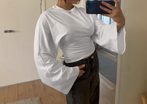 Cute Crop Tops Teen Girls Batwing Long Bell Sleeve Basic Shirts Women 2000s Y2k Going Out Tops Streetwear Baby Tee3