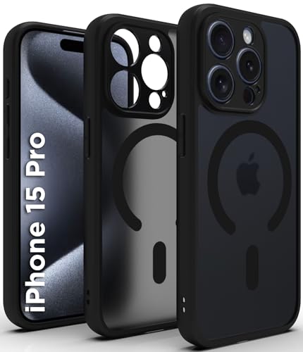 Image of RIGGEAR Shockproof Sleek Hybrid Armor Upgraded C-Shaped Magnetic Back Cover Case Compatible with MagSafe Accessories for iPhone 15 Pro (Smoke Black Matte PC + Black TPU Bumper)