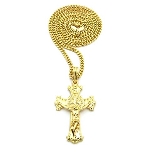 Fashion21 Religious Saint Benedict of Nursia Cross Pendant 24" Various Chain Necklace in Gold Tone (3mm 24" Cuban Chain) Cover