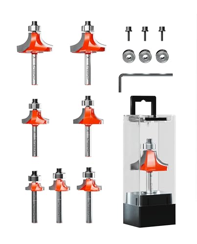 Crosstar 7Pcs Top Bearing Roundover Router Bit 1/4 Shank Carbide Inserts 2 Flutes Corner Rounding Router Bit Over Edge Forming Router bit with Bearing Guide CNC Woodworking Tool