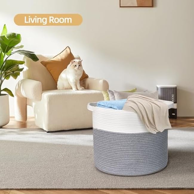 Laundry Basket, Cotton Rope Round Storage Basket with Handle, Storage Baskets for Towel, Blanket, Throw, Pillow, 15.8¡±x15.8¡±x13.8¡±, White & Dark Grey