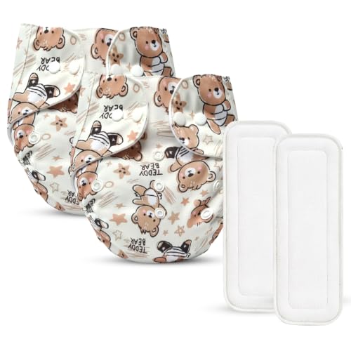 Image of GLUN Printed Reusable Baby Cloth Diaper Pack of 2, Multicolour Colour Cute Teddy Print, Comfort & Protection, Leakproof & High Absorption