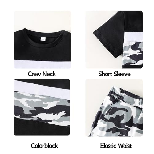 Image of OLMRJKD Boys 2 Piece Outfits Color Block Clothes Short Sleeve T Shirt and Camouflage Pants Summer Clothing Sets