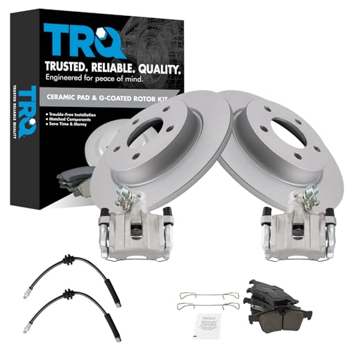 TRQ Rear Brake Pad and Rotor Set Ceramic Coated Rotors Calipers Compatible with 2004-2005 Mazda 3