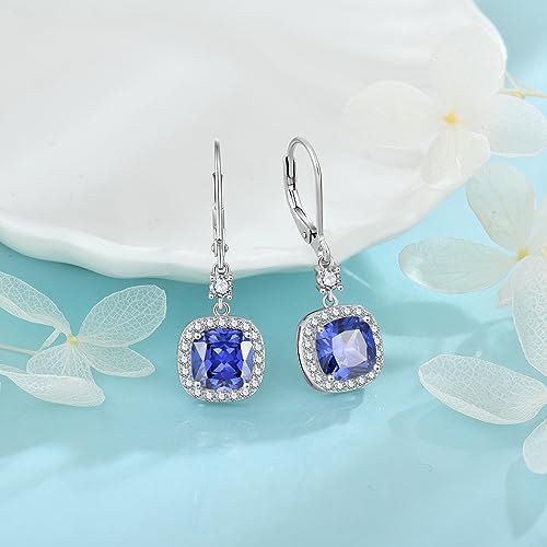 Women Leverback Earrings 925 Sterling Silver Princess Cut Halo Earrings Birthstone Dangle Drop Earrings for Women Her Mom Wife4