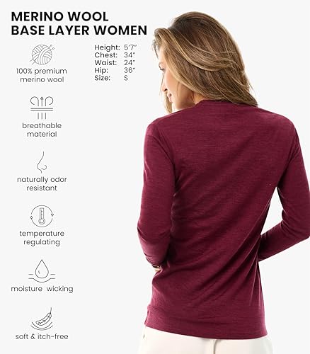 Image of Merino Wool Base Layer Women - 100% Merino Wool Shirt Women Thermal Underwear Long Sleeve T-Shirt for Hiking