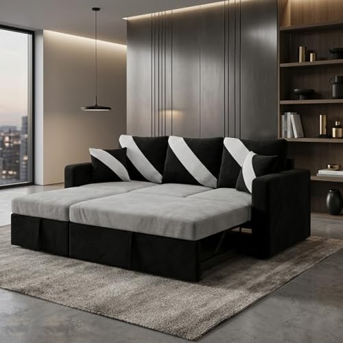 Image of FURNY Trivia 4 Seater LHS Lounger Sofa Cum Bed (Light Gray - Black) with Pull-Out Function | Luxury Velvet Suede Finish | Durable Comfort | Ideal for Living Room
