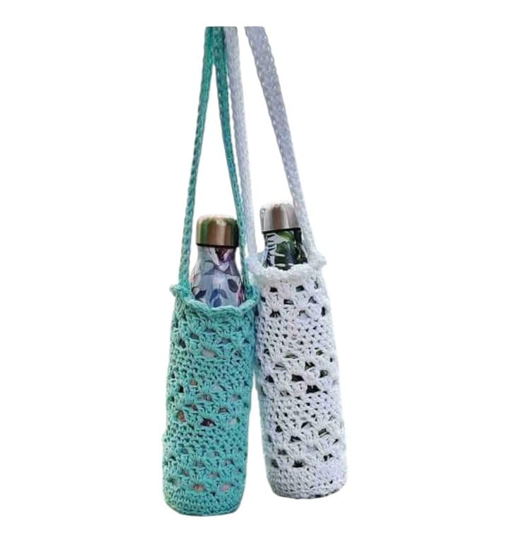 Handmade Crochet Water Bottle Holder with Shoulder Strap Lightweight Knitted Bottle Sling for Travel, Walking, Hiking, Beach, Daily Use Fits Most Water Bottles Mint Green,White-image-30