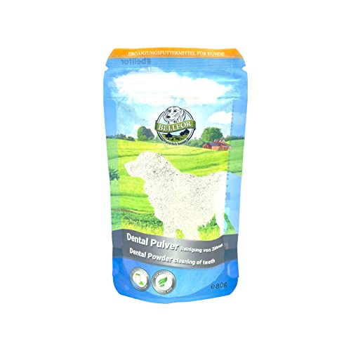 Bellfor Polvo Dental Natural contra el Sarro Fácil de Usar y dosificar Excelente digestibilidad Adecuado para Todas Las Razas de Perros Polvo Dental - 80g Cover