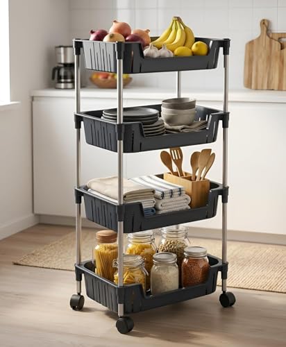 Image of JD FRESH 4-Tier Multi Storage Rack for Home & Kitchen /360-Degree Rotating Wheels with Breathable Kitchen Shelf Storage Rack /Plastic Rolling Cart for Kitchen, Bathroom, Office & Living Room (Black)