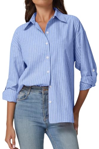 QINSEN Oversized Button Down Shirts for Women Long Sleeve Striped...