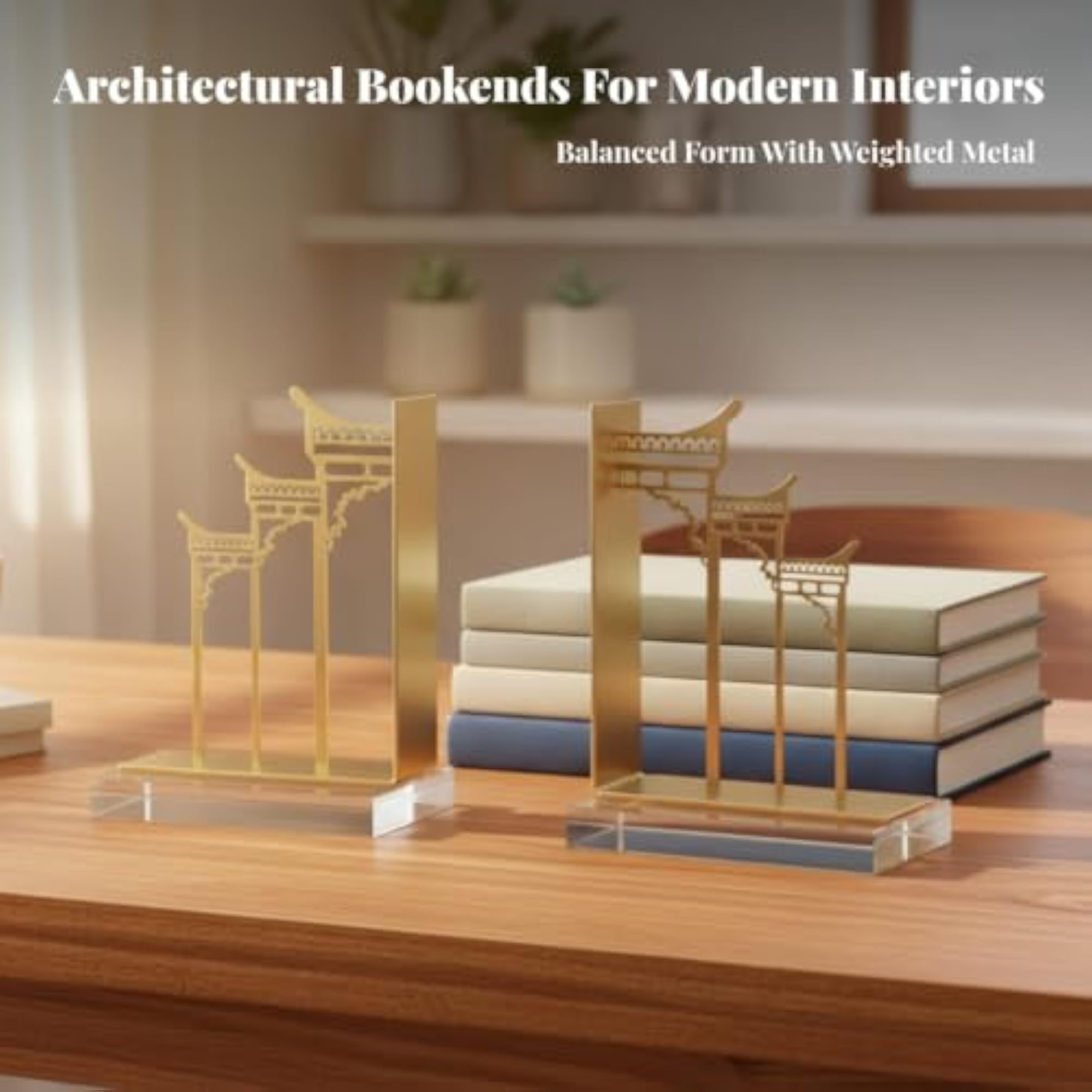 Sturdy Metal Bookends, Gold-Tone Geometric Design