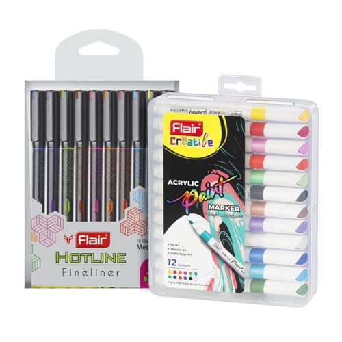 Image of Flair Creative Series 10 Colorful Shades Hotline Fineliner & 12 Multicolor Shades Acrylic Paint Marker Combo | Ideal for Mandala, Sketching, Doodling, Journal, Coloring, Canvas Painting, DIY Crafts