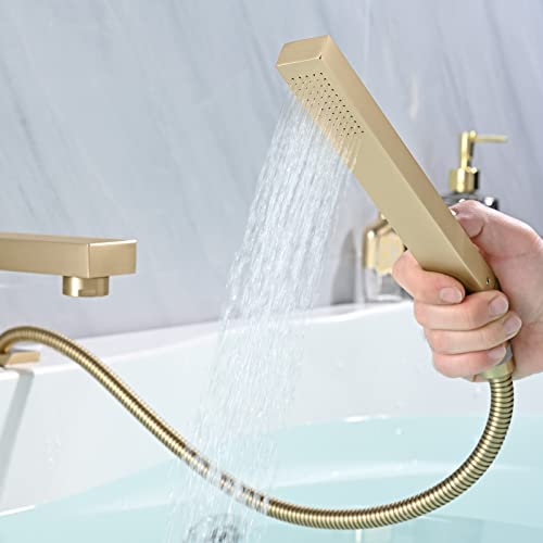Wathels Contemporary Widespread Bathtub Faucet Solid Brass Roman Tub Filler Faucets With Handheld Shower Set 3 Holes (Brushed Gold) #TOP6
