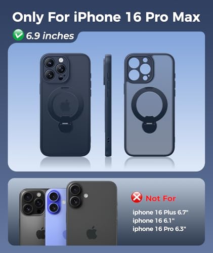 Image of FNTCASE for iPhone 16 Pro-Max Case: [360 Spin Magnetic Stand] [Compatible with Magsafe] [Screen Protector] Translucent Matte Military Grade Shockproof Full Camera Protective Phone Cover - Deep Blue