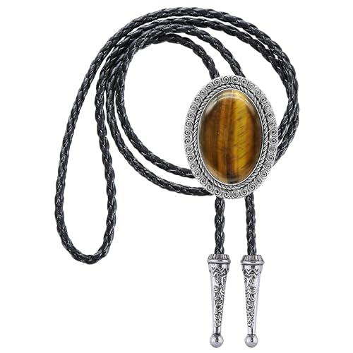 Image of Jeilwiy Bolo Tie for Men Real Stone Westwern Cowboy Ties Silver Bolos Women Leather Necktie Gift for Birthday Christmas