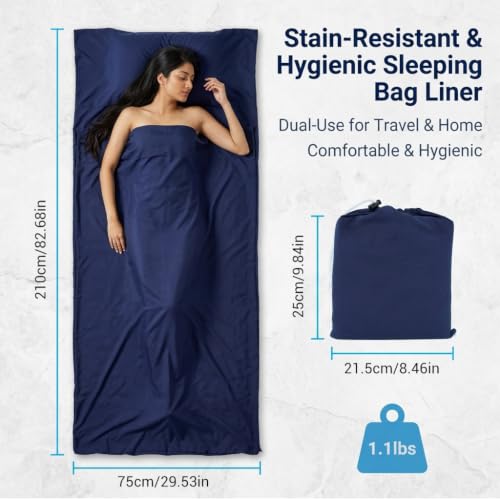 Image of Proberos Sleeping Bag Liner with Zipper Traveling Sheet Sack | Made of smooth polyester fabric, breathable and brings soft cozy touch for hotels or outdoor camping