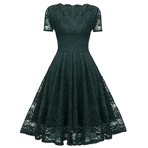 Kleid Hochzeitsgast Damen Lang Spitze mit Ärmel Festliche Kleider Für Damen Hochzeit Midi Sommerkleid V Ausschnitt Elegant Midikleid A Linie Schwingen Sommerkleider Leicht Und Luftig Abendkleid