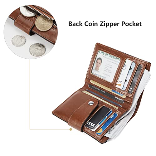 BROMEN Small Wallets for Women RFID Blocking Leather Bifold Purse Zipper Coin Pocket Credit Card Holder with ID Windows Brown4
