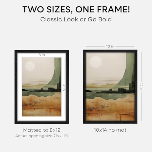 Image of Homeforia 10x14 Black Oak Picture Frame, High-End Wood, 8x12 Mat, Glass | High End Solid Oak Wood, Tempered Glass, Acid-Free 8x12 Removable Mat, 10x14 Edge-to-Edge Display 14x10, Wall Kit, Set Of 2