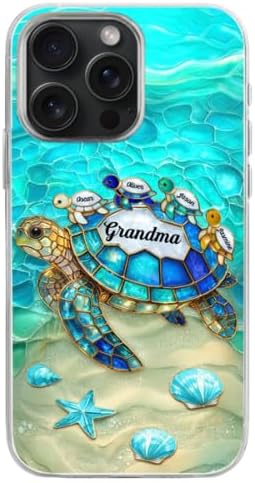 Turtle Stained Glass Mom Grandma - Personalized Clear Phone Case, Customized Grandma Sea Turtle Phone Case, Personalized Name Case for Women, Unique for Grandma