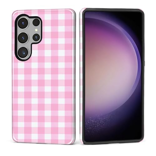 ZHEGAILIAN Case for Samsung Galaxy S26 Ultra,Shockproof Hard Shell + Soft Silicone 2 in 1 Hybrid,Shockproof Bumper Drop Protective- Simple Pink and White Check
