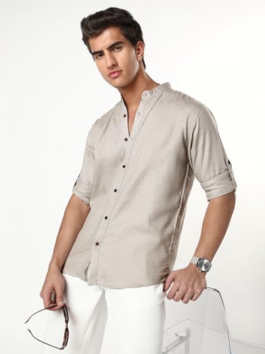 Image of Urbano Fashion Men's Linen Blend Full Sleeve Relaxed Fit Mandarin Collar Casual Solid Shirt