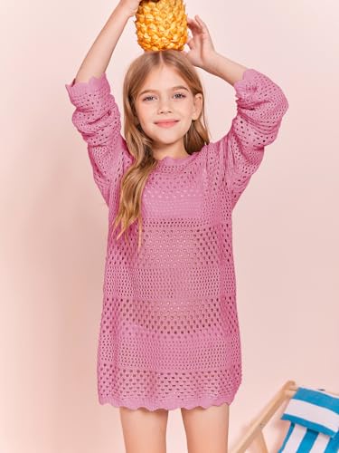 Image of Batermoon Girls Crochet Long Sleeve Swimsuit Cover Up Kids Fashion Hollow Out Swimwear Beach Dress 5-14 Years