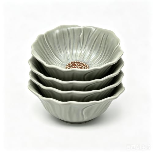 Image of KOOV 24oz Cereal Bowls Set of 4, Vintage Hand-Painted Porcelain Soup Bowls, Reactive Glaze Kitchen Bowls For Oatmeal, Fruit, Microwave And Dishwasher Safe, Pansy Series (Lightgrey)