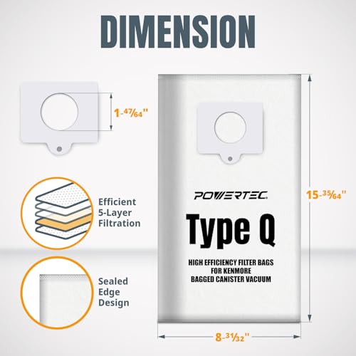 Image of POWERTEC 53292 Type Q Canister Vacuum Bags for Kenmore 6 Pack, Replacement Dust Bags for Canister Vacuums 81615, 81214, 81414, 81714, 21814, BC2005, BC3005, BC7005 (75053)
