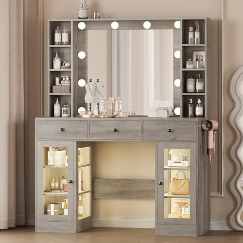 Image of Wodeer Makeup Vanity Desk with Mirror and Lights, Grey Vanity with Glass Top, LED Lights & Power Outlet, 3 Drawers & 2 RGB Glass Cabinets, Adjustable Lighted Dressing Table for Women & Girls Bedroom