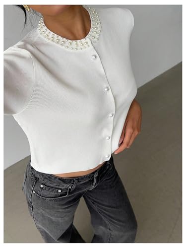 Floerns Women's Elegant Pearl Beaded Cardigan Sweater Short Sleeve Button Knit Pullover4