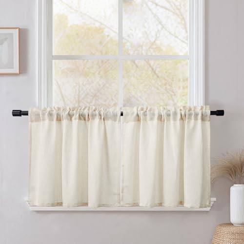 CUCRAF Scheibengardine Küchengardinen Bistrogardine 2er Set Natur Leinen H 45 x B 90 Natur Halb Transparent Stores Gardinen Fenster Leinenvorhang Gardinenschal