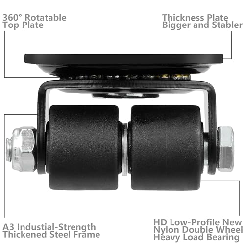 Finnhomy 1 Inch Caster Wheels Set of 4 Heavy Duty Low Profile Plate Swivel Casters Premium Solid Nylon Double Wheels 1,100 Lbs Anti-wear Furniture Casters Extra-Wide Smooth for Bed Workbench Black