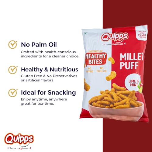 Image of Quipps Millet Puff Lime & Mint | Healthy Millet Snack | Non-Fried Roasted Puffs | High Fiber & Plant Protein | Gluten Free, Vegan, Non-GMO | No Preservatives, No Palm Oil | Light & Crunchy Healthy Snack for Office & Travel | Vegetarian | 60g