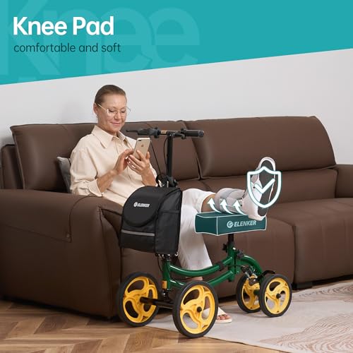 ELENKER Deluxe Steerable Knee Walker with 10" Front Wheels – Medical Scooter for Foot Injuries, Broken Ankle, Compact Crutch Alternative, Green