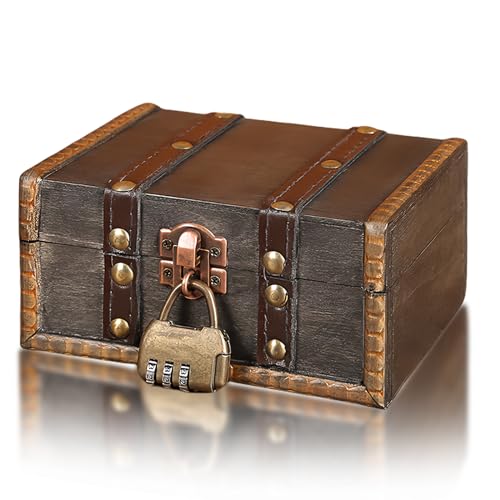 Coffre au Trésor en Bois Avec Serrure à Combinaison - Caisse Vintage 15 x 12 x 7,5 cm - Boîte de Rangement pour Anniversaire d'Enfant