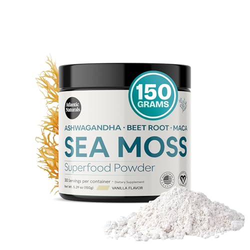 Atlantic Naturals Superfood Organic Sea Moss Powder Blend with Ashwagandha, Maca Root & Beet Root | Ideal for Healthy Skin, Positive Mood & Energy | Vanilla Flavor (150g)