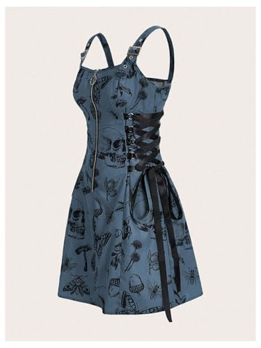 Image of SOLY HUX Women's Gothic Zipper Bodycon Mini Dress Skull Print Tie Up Sleeveless Mini Dresses