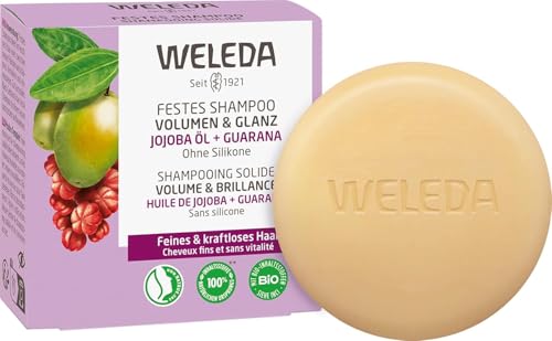 WELEDA Shampoo solido biologico volume e lucentezza - Sapone naturale per la cura dei capelli con olio di jojoba, proteine del riso e estratto di guaranà. Shampoo per capelli 50 g (Confezione da 1)