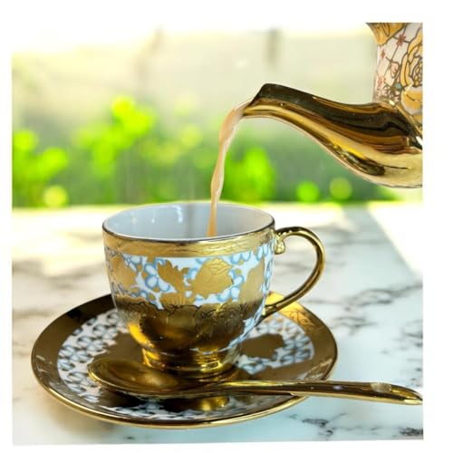Image of DMRD-Elegant Ceramic Tea 18 Piece Set |Gold-Plated Cups with Saucers Spoons | Luxury Floral Designer Gift |Home & Party Tea Set with Kettle | Ceramic Pot Floral Aesthetic | Crockery (Blue)