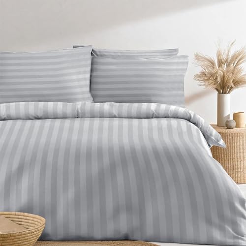 My Home Store Grey Double Duvet Cover Set - 100% Cotton Hotel-Quality Stripe Quilt Cover Bedding Ensemble with 2 Pillowcases - Hypoallergenic Soft & Breathable Bed Covers with Button Closure - Image 3