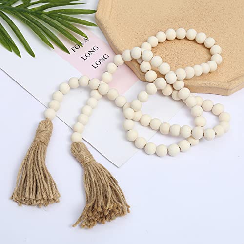 Natural Farmhouse Beads Wood Garland Bead Prayer Boho Beads Rustic Country Decor Tiered Tray Decoration With Tassels For Christmas Vase Ornament Home Wall Hanging Decor,58In #TOP6