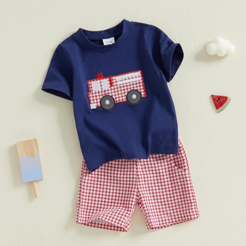 Image of 4th Of July Toddler Boy Outfit Popsicle American Flag T-Shirt and Gingham Plaid Shorts Set Independence Day Clothes